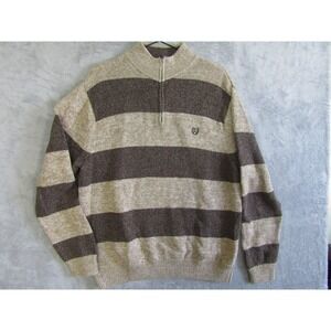 Chaps Mens Striped Quarter Zip Sweater XL 100% Cotton Beige Brown